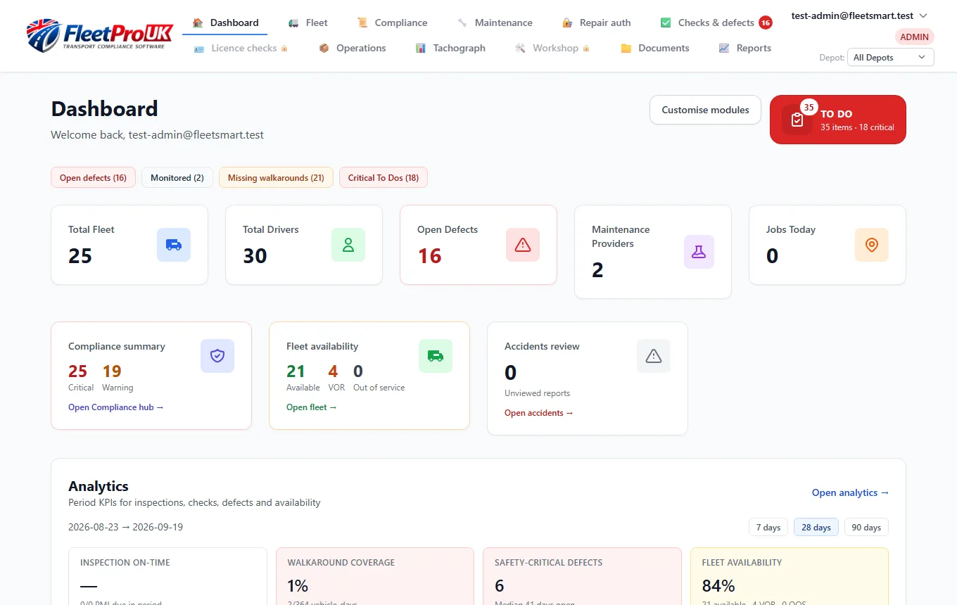FleetPro UK manager dashboard showing fleet totals, open defects and critical to-dos