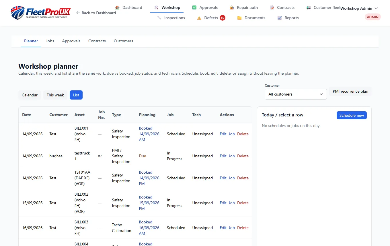 FleetPro UK workshop planner for scheduling maintenance jobs against customer vehicles